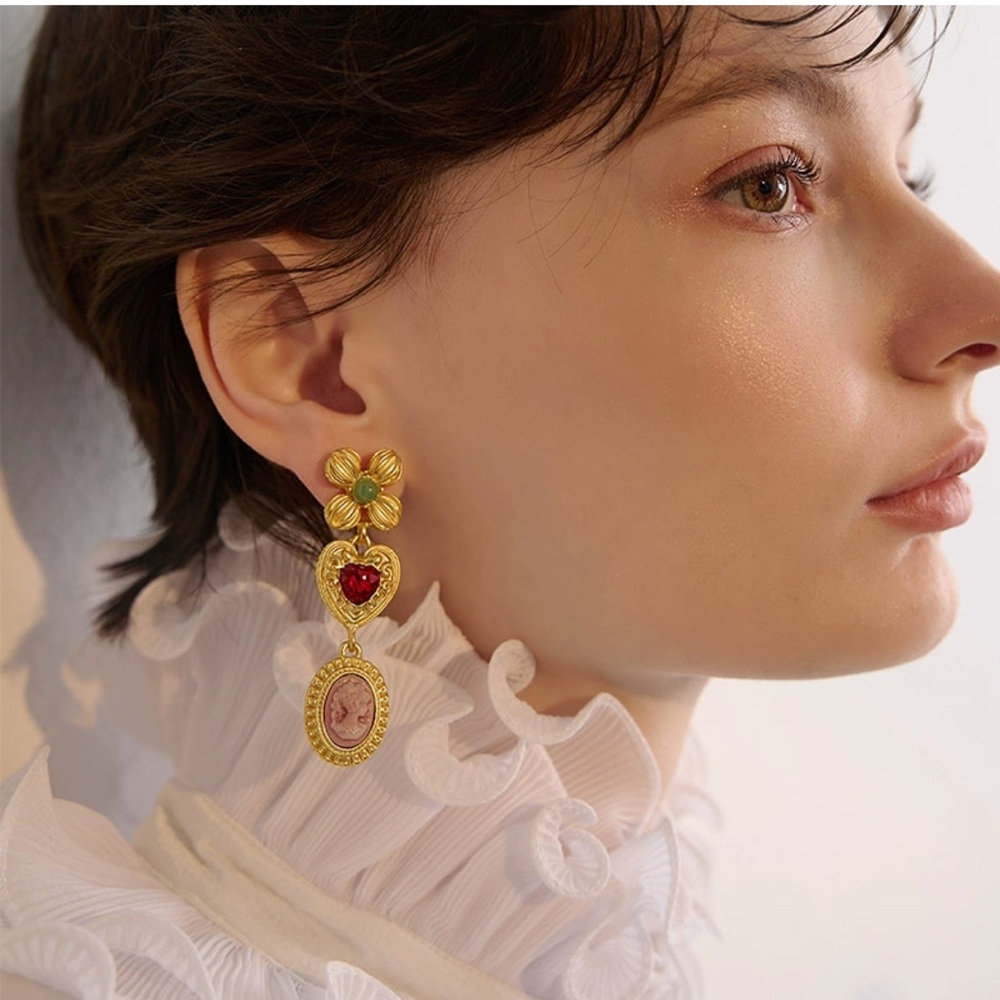Elegant Gold and Red Charm Drop Earrings